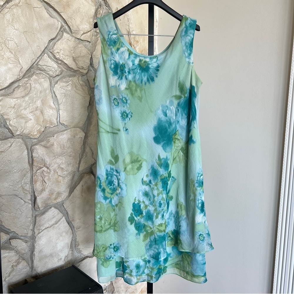 Vintage Blue Green Turquoise Hawaiian Floral Midi Dress